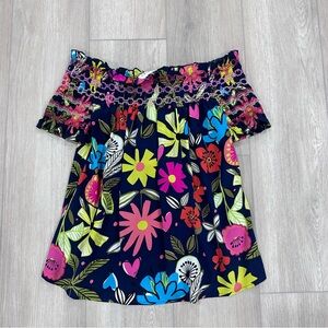Trina Turk off the shoulder floral smocked silk top XS